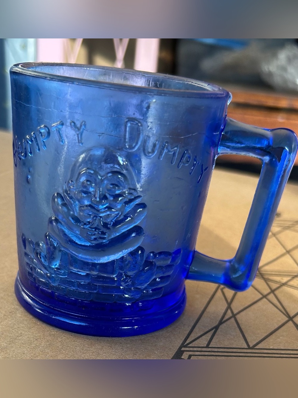 Antique Vintage Cobalt Humpty Dumpty Tom Tom Piper’s Son Pressed Glass Baby Mug